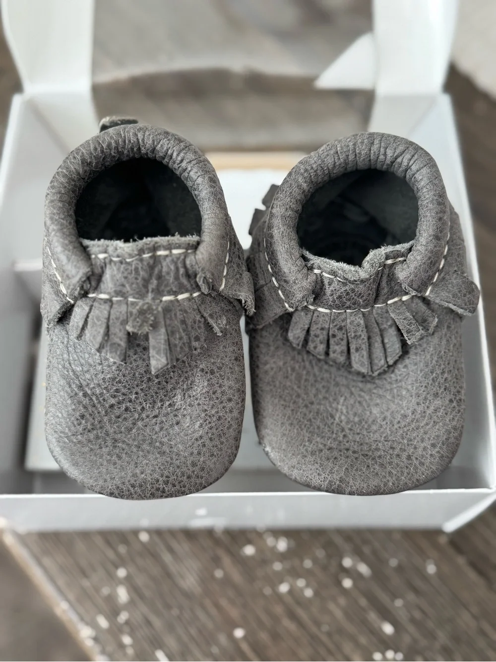 Freshly Picked Gray Suede Baby Moccasins with Fringe